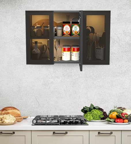 Image of SPECIALITY PANELS Aluminium Black Profile 3 Door Wall Cabinet | Brown Tinted Glass Handless Shutters | Wall Mounted Kitchen Storage Cupboard | Modern Space Saving Organizer | DIY Assembly