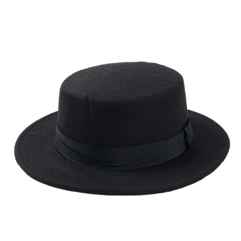 SaoBiiu Wool Bowler Flat Top Hat for Women's Felt Wide Brim Fedora Hat Women Pork Pie Felt Hat Bowler Top Hat Black