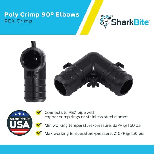 Image of SharkBite 3 /4 Inch Poly Crimp 90 Degree Elbow, Pack of 5, PEX Pipe, UP256A5,