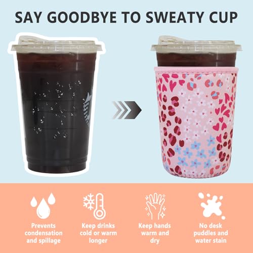 Image of 3 Pack Reusable Iced Coffee Sleeves - Xumbtvs Insulator Sleeve for Cold Beverages, Neoprene Coffee Cup Holder (Pink leopard)