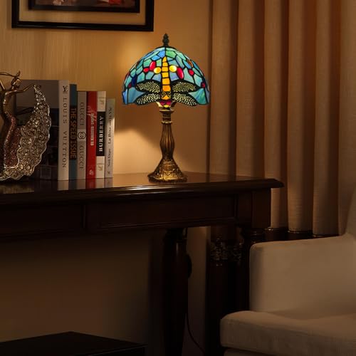 Kinbolas Tischlampe kleine im Tiffany Stil,Vintage Nachttischlampe,Schlafzimmer Fensterbank Deko Lampe,Jugendstil Tischleuchte,Blau Libellen Buntglas lampenschirm 20cm / 8 Zoll Mit LED E14 Birne