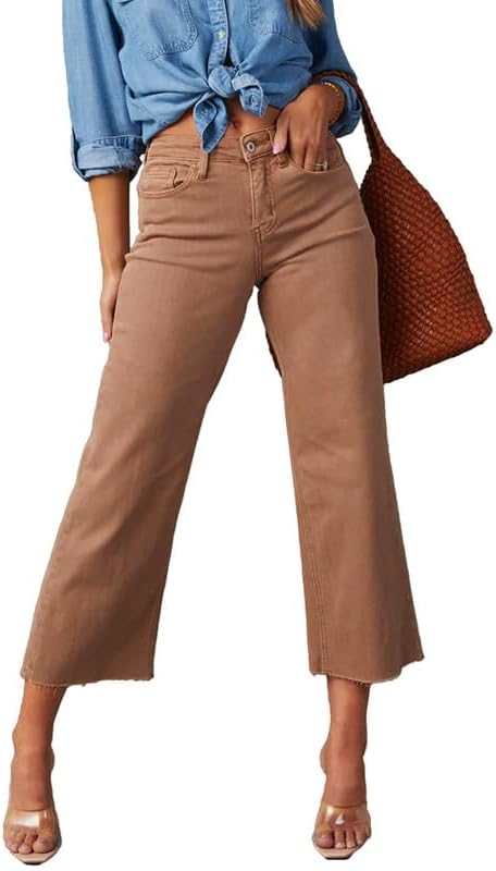 Allimy Women's High Waisted Straight Ankle Wide Leg Ripped Jeans Frayed Hem Stretchy Capri Denim Pants - Image 5