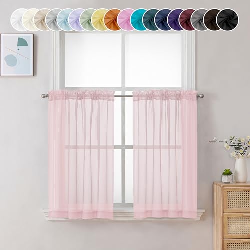 Image of Chyhomenyc Sheer Curtains 36 inch Length 2 Panels, Light Filtering Voile Rod Pocket Short Window Sheer Curtians for Bathroom Living Room, 2PCS, Blush Pink