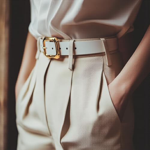 Leather Belts for Women, White Classic Leather Square Belt for Jeans, Fashion Gift for Birthday Christmas Mother's Day