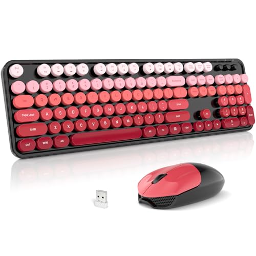 Meidosa Wireless Keyboard and Mouse Combo 2.4GHz Gradient Colorful Full-Size Retro Typewriter Keyboard with Wireless Mouse for PC/Desktop/Laptop/Windows (Black Red)