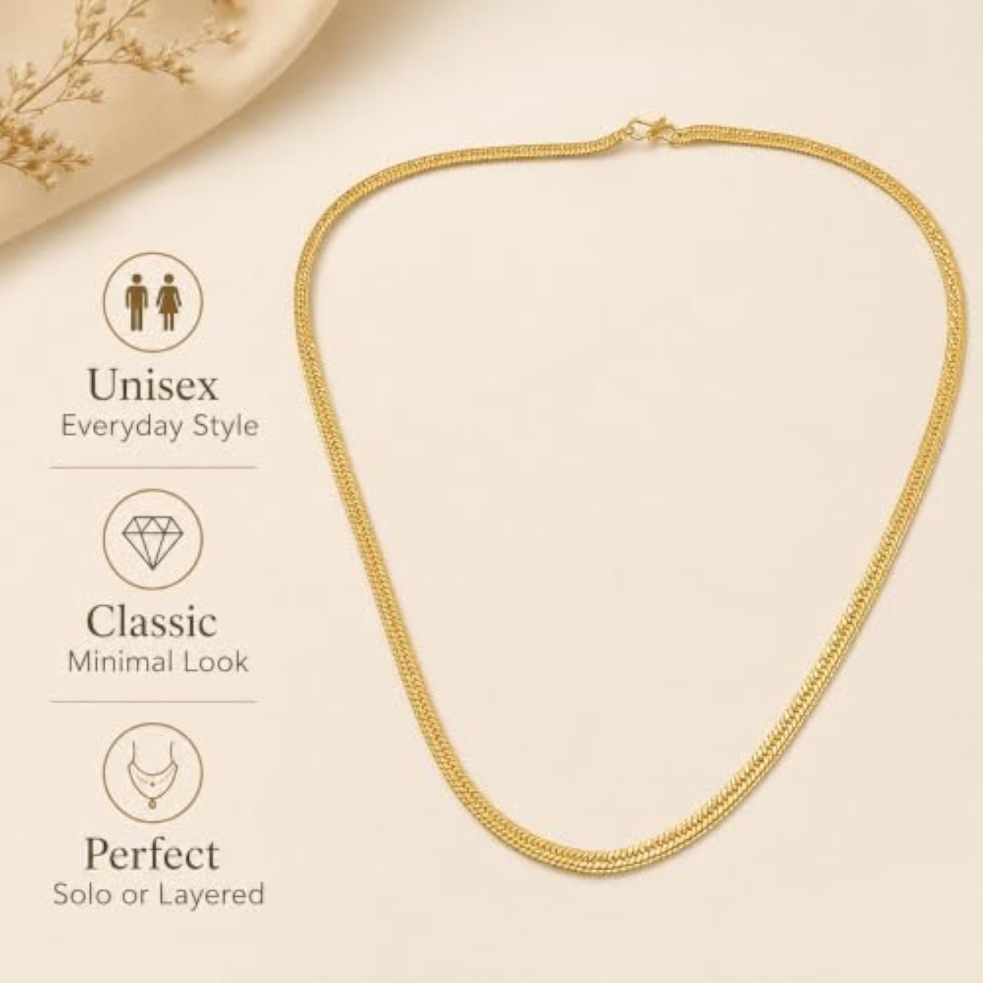 Gold Tone Textured Chain Necklace for Men & Women, Unisex