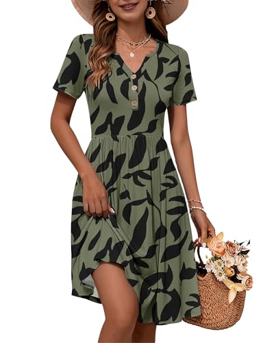 Image of WNEEDU Women V Neck Button Down Empire Waist Midi Summer Dress with Pockets