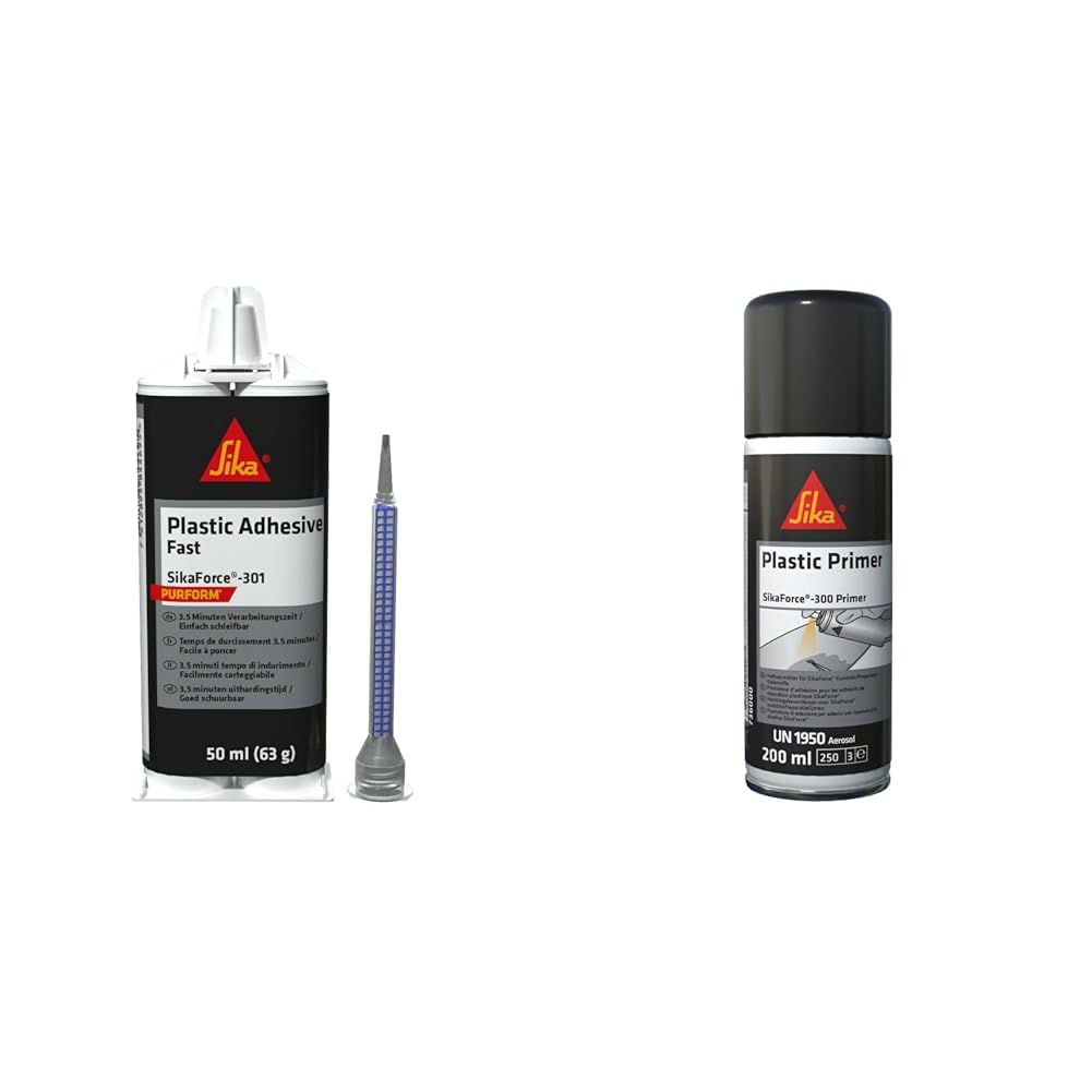 Bundle SIKA - 2k Kunsstoff-Kleber und Haftvermittler für das Auto - SikaForce-301 Fast schwarz 50ml - SikaForce-300 Primer transparent 200 ml Spraydose - Kunststoffkleber Polyurethan