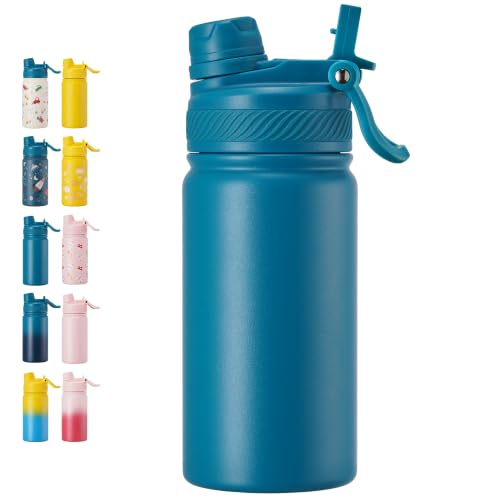 Fijinhom 12 oz Kids Water Bottle, 2-in-1 Stainless Steel Vacuum Insulated Water Bottle for Toddler, Leak Proof Spout & Straw, Double Wall Thermal Flask for Boys&Girls, School, Outdoor, Travel (Blue)