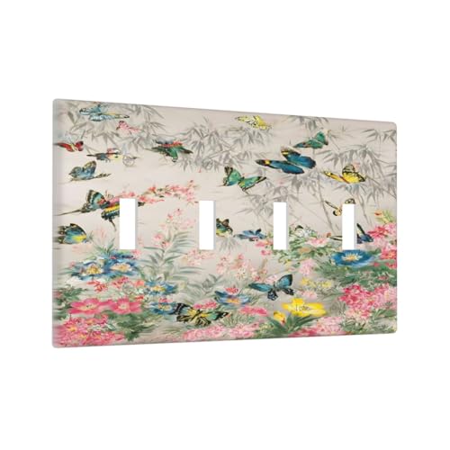 Decorative Switch Covers Plate Boho Wildflowers Butterfly Rustic Blue Pink Flowers 4 Gang Wall Plate Oversized Quad Toggle Light Switch Plate Jumbo Faceplate for Country Bedroom Decor