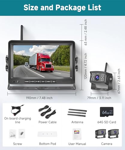 Image of Wireless Backup Camera for RV, 7 inch IPS Monitor Kit+ 2 AHD Rear View Camera Waterproof Night Vision DVR Recording, Wireless Reverse Camera 12V-36V for Truck /Trailer /RV /Camper /Excavator /Caravan