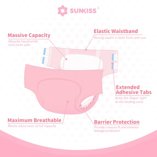 Image of SUNKISS Masterpiece Adult Diapers with Tabs, Unisex, L /XL, Pink, 40 Count | Ultra High Absorbency, Plastic-backed Briefs, Refastenable Tabs, Odor Control, Leak Protection for Daytime & Overnight Use