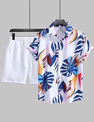 Image of Yimoon Men's Summer 2 Piece Outfits Tropical Print Short Sleeve Button Down Hawaiian Beach Shirt and Shorts Set