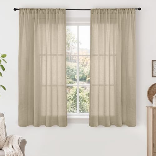 Image of BGment Camel Linen Curtains 48 Inches Long for Short Bedroom - Semi Sheer Light Filtering Window Drapes with Rod Pocket Textured Lightweight for Dining Living Room, 2 Panels Set, Each 42 Inch Wide