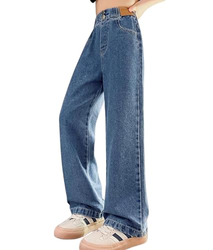 Girls Baggy Wide Leg Jeans Elastic Waist Casual Washed Denim Pants Age 5-14