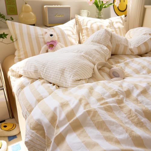 Image of EAVD Beige Striped Duvet Cover King Soft Washed Microfiber Striped Reversible Bedding Set with 2 Pillowcases Modern Farmhouse Geometric Pattern Duvet Cover with Zipper Closure