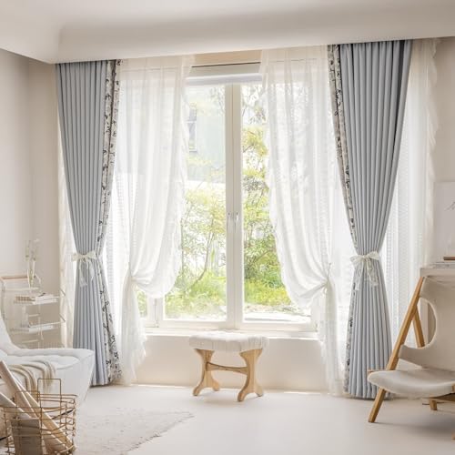 Lirzxin Chenille Blackout Curtain Eyelets 84 Inch Drop, Decorative Curtain for Living Room 2 Panels Splicing Color Rose Flowers Pattern Grey Blue Window Treatment Curtains, 38" W x 84" L - Image 4
