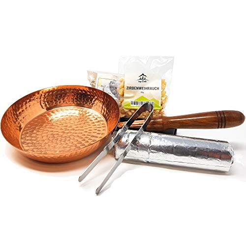 myZirbe Räucherpfanne Set 5 teilig - Kupfer Räuchergefäß zum Räuchern von Weihrauch Harzen inkl. Weihrauch Räucherkohle Räuchersand Räucherzange