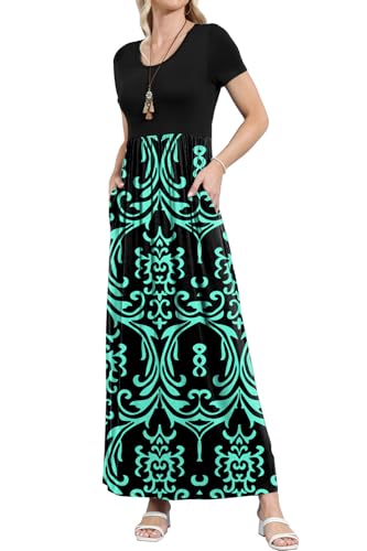 Image of EUOVMY Women's Short Sleeve Loose Plain Maxi Dresses Casual Vacation Long Dresses with Pockets