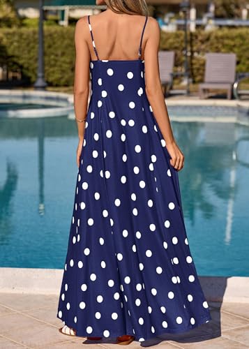 Image of KIRUNDO Womens Polka Dot Spaghetti Strap Flowy Maxi Dress | Sleeveless V Neck Boho Long Dresses, 2026 Summer Beach Vacation Cruise Outfits, A-Line Backless Sundress With Pockets