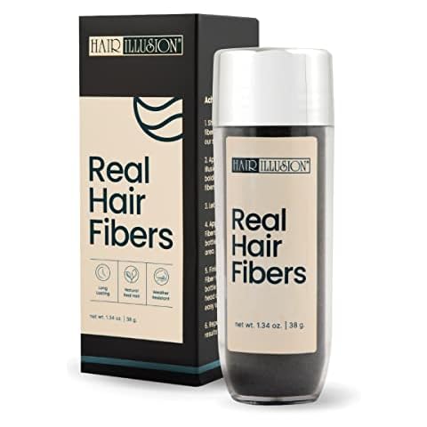 Hair Illusion Black Real Hair Fibers for Thinning Hair - 100% Natural Texture, Non Synthetic Hair Fibers - Bald Spot Cover Up for Women & Men - 38 Gram Cover