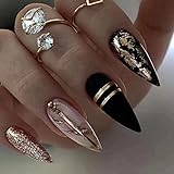 Black Almond Press on Nails Medium Length Gold Foil Fake Nails with Gold Foil Glitter Line Designs Glossy Coffin Nails Full Cover Nail Tips Glue on Nails Artificial Acrylic False Nails for Women 24Pcs