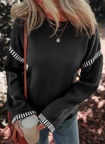 Image of Women's Crewneck Long Sleeve Sweater Casual Fall Contrast Ribbed Knit Pullover Jumper Tops