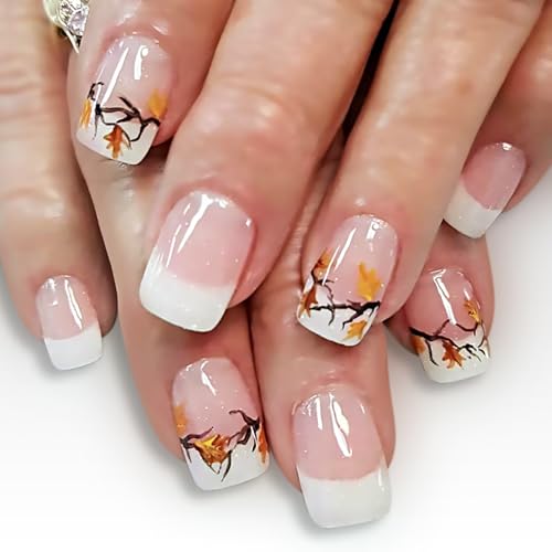 Vopintpy Fall Maple Leaf Press on Nails Thanksgiving White French Tip Fake Nails Medium Square Acrylic Glue on Nail Glossy Autumn Maple Leaves Stick on Nail for Women DIY Manicure