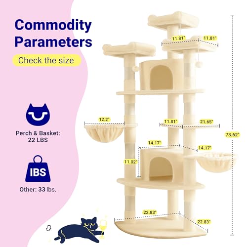 Image of Allewie 73in Fan-Shaped Space-Saving Corner Cat Tower /Multi-Level Tall Cat Tree for Indoor Kitties /Cozy Baskets /Condos /House /Perches /Sisal Scratching Posts /Pet Activity Center /Beige