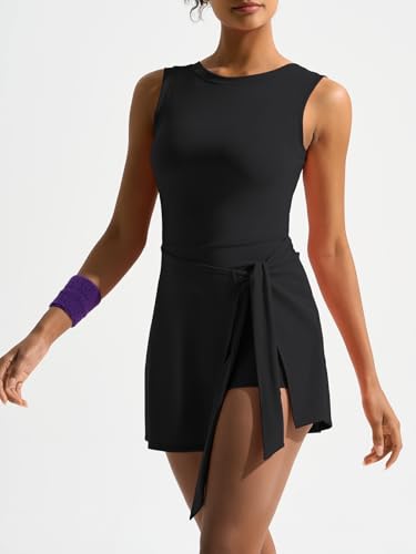 Dokuritu Tennis Dresses for Women Sleeveless Crew Neck Knot Romper Built in Shorts U-Shaped Back Workout Athletic Dress4