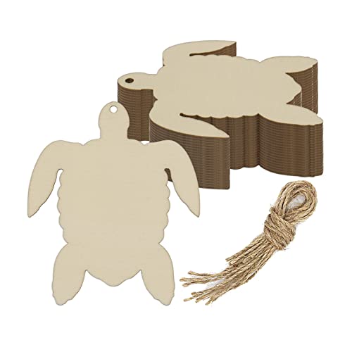 Turtle Wood DIY Crafts Cutouts Wooden Sea Turtle Shaped Hanging Ornaments with Hole Hemp Ropes Wood Tags for Wedding Birthday Sea Animals Themed Party Decoration (3.3x3.94 in, 20 Pcs)