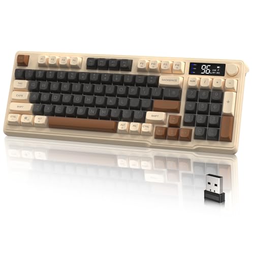 LexonElec M96 Teclado Inalámbrico para Juegos, Modo Dual con 2.4G y BT5.0, Teclado Semi-mecánico Membrana 94 Teclas con Pantalla y Perilla, Teclado PBT QWERTY con Rainbow Backlit, 3000mAh - Café LexonElec M96 Teclado Inalámbrico para Juegos, Modo Dual con 2.4G y BT5.0, Teclado Semi-mecánico Membrana 94 Teclas con Pantalla y Perilla, Teclado PBT QWERTY con Rainbow Backlit, 3000mAh - Café