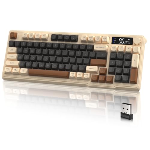 LexonElec M96 Gaming Keyboard Clavier de Jeu sans Fil Dual Mode avec 2,4G et BT, Clavier Semi-mécanique Membraneà 94 Touche avec Display & Knob, Rainbow Backlit PBT Keycap 3000mAh Rechargeable-Café