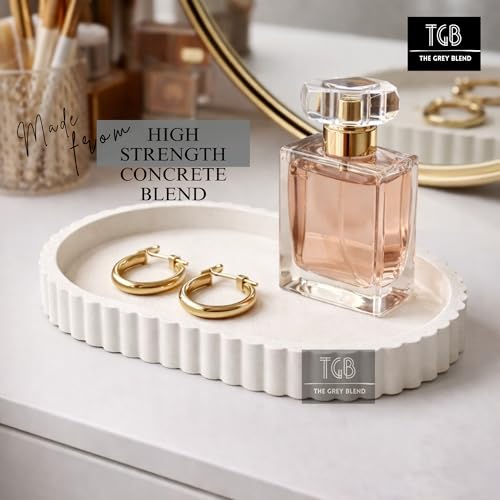 Image of Bathroom Tray for Counter | White Concrete Vanity & Trinket Tray for Jewelry, Perfume & Toiletries Organizer | Oval Decorative Tray for Dresser, Bathroom & Table Decor (White, 20 cm) (Stripe Oval)