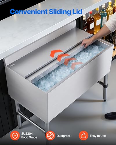 Image of VEVOR Commercial Ice Bin,19 Inch Stainless Steel Ice Chest with Sliding Lid and Bottle Holders, Cooler Cart Cocktail Unit for Bar Restaurant Pub, NSF Certified