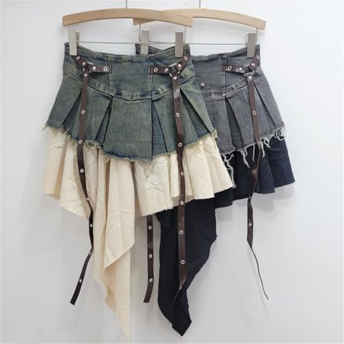Women's Y2K Denim Patchwork Short Skirt Asymmetrical Hem Pleated A-Line Elastic Waist Casual Skirts4