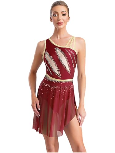 Oyolan Damen Ärmellose Tanzkleid Ballettkleid Lyrical Ballett Trikot Modern Tanz Latein Rumba Tango Kleid Ballsaal Tanzkostüm Burgundy S