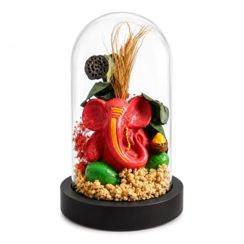 Image of eCraftIndia Lord Ganesha Statue in Glass Dome with Decorative Floral Arrangement, Spiritual Showpiece for Home Decor, Living Room, Office Desk, Temple Decoration & Gift Item