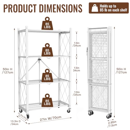 Image of black leopard 4-Tier Foldable Metal Storage Shelf with Wheels, White | Foldable Design; 85 lb Capacity per Shelf; Preassembled Frame; Lockable Casters; Reinforced Metal Construction