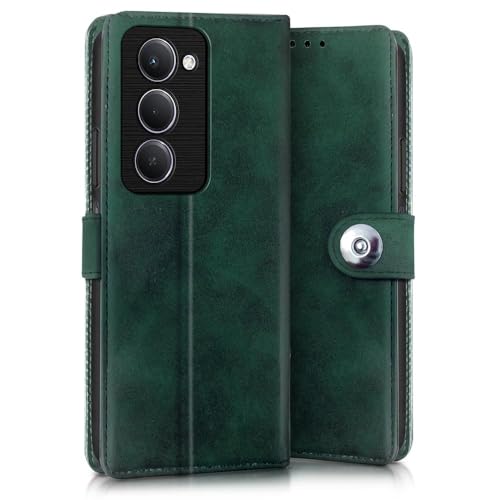 Image of WOW IMAGINE Shock Proof Flip Cover Back Case for Mi Redmi 15 5G (Magnetic Button Flip Case | Wallet Pockets & Stand | Leather Finish | Forest Green)