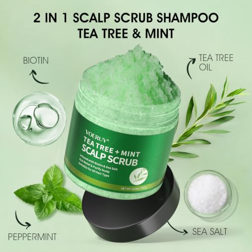 Scalp Scrub, Tea Tree Scalp Exfoliator Scrub Shampoo, 2-in-1 Scalp Treatment with Mint Oil, Hair Treatment to Clarify and Remove Build up with Silicone Scalp Massager, 10.6oz/300g - Image 2