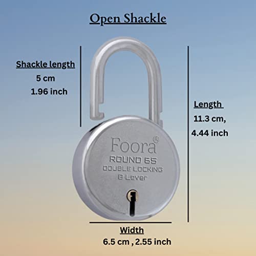 Image of Foora Round 65mm Padlock | Metal Body | 8 Lever Double Locking | 40 Keys + Keychain | Door, Gate, Shutter Security | Silver Finish | Made in India
