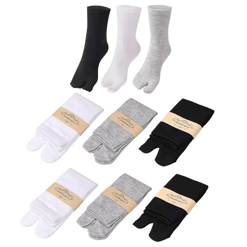 Kaslaider 6 pares Calcetines con Punta Dividida, Novedosos Calcetines Geta Elásticos Tabi Dos de Dedos Algodón Unisex Negro, Blanco y Gris para Mujeres y Hombres, 35-48 Flip Flop Tabi Socks