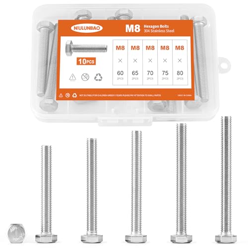Image of M8 x 60mm 65mm 70mm 75mm 80mm Heavy Duty Hexagon Bolts Hex Head Screws, 304 Stainless Steel, Machine Fully Thread, Metric, Bright Finish, Assortment Kit 10PCS