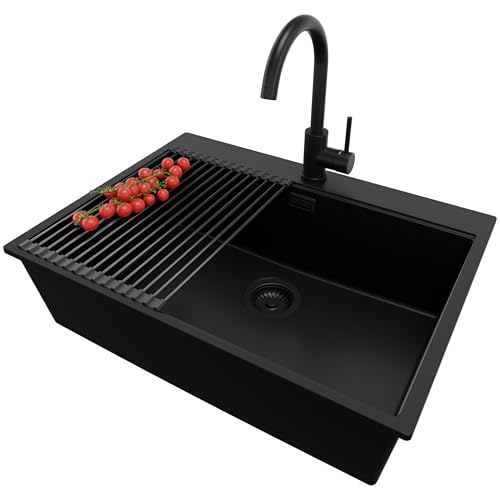 PRIMAGRAN Fregadero Granito Todo Negro 68x50cm, Cocina 1 Seno + Grifo 32x20cm + Sifón + Enrollable Escurridor, Sobre encimera al mueble 70cm - Oslo