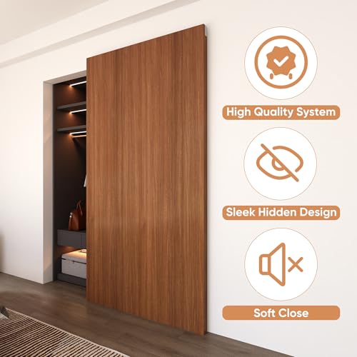 JUBEST 42" Concealed Barn Door Hardware Kit with Soft Close Mechanism, Wall Mounted Invisible Sliding Door Track for Opening Width 34" to 38", Hidden Barn Door Hardware Kit, Door Needs Groove