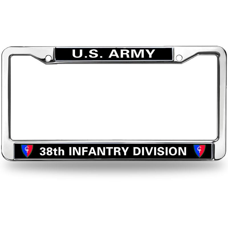 Image of US Army 38TH Infantry Division License Plate Frame,Veteran US Army Aluminum Slim License Plate Frames Chrome for US Canada Vehicles