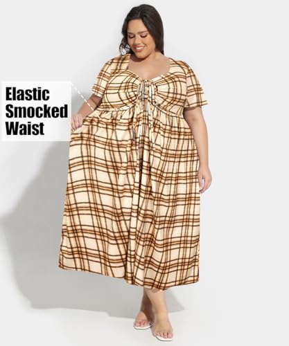 Image of CARCOS Plus Size Dresses for Curvy Women Tie Sweetheart Neck Summer Maxi Dress Short Sleeve Empire Waist Floral Boho Dress