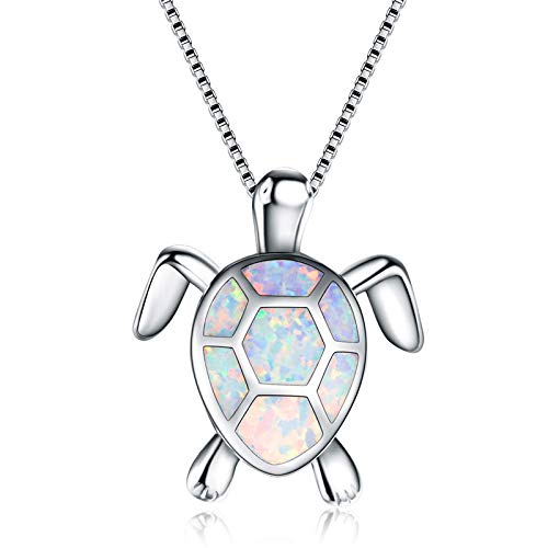 BamosSea Turtle Necklace, 14K White Gold Plated Turtle Pendant Necklace Turtle Jewelry Mounted with Created Opal Turtle Gifts for Women Girls Boys Men, Blue Opal,16.5-18.0 inches