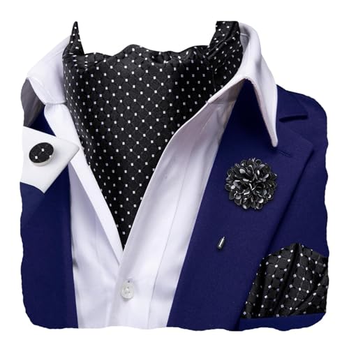 Hi-Tie Black and White Ascot Ties for Men Polka Dot Self Tied Mens Cravat and Pocket Square Lapel Pin Cufflinks Set for Wedding Party